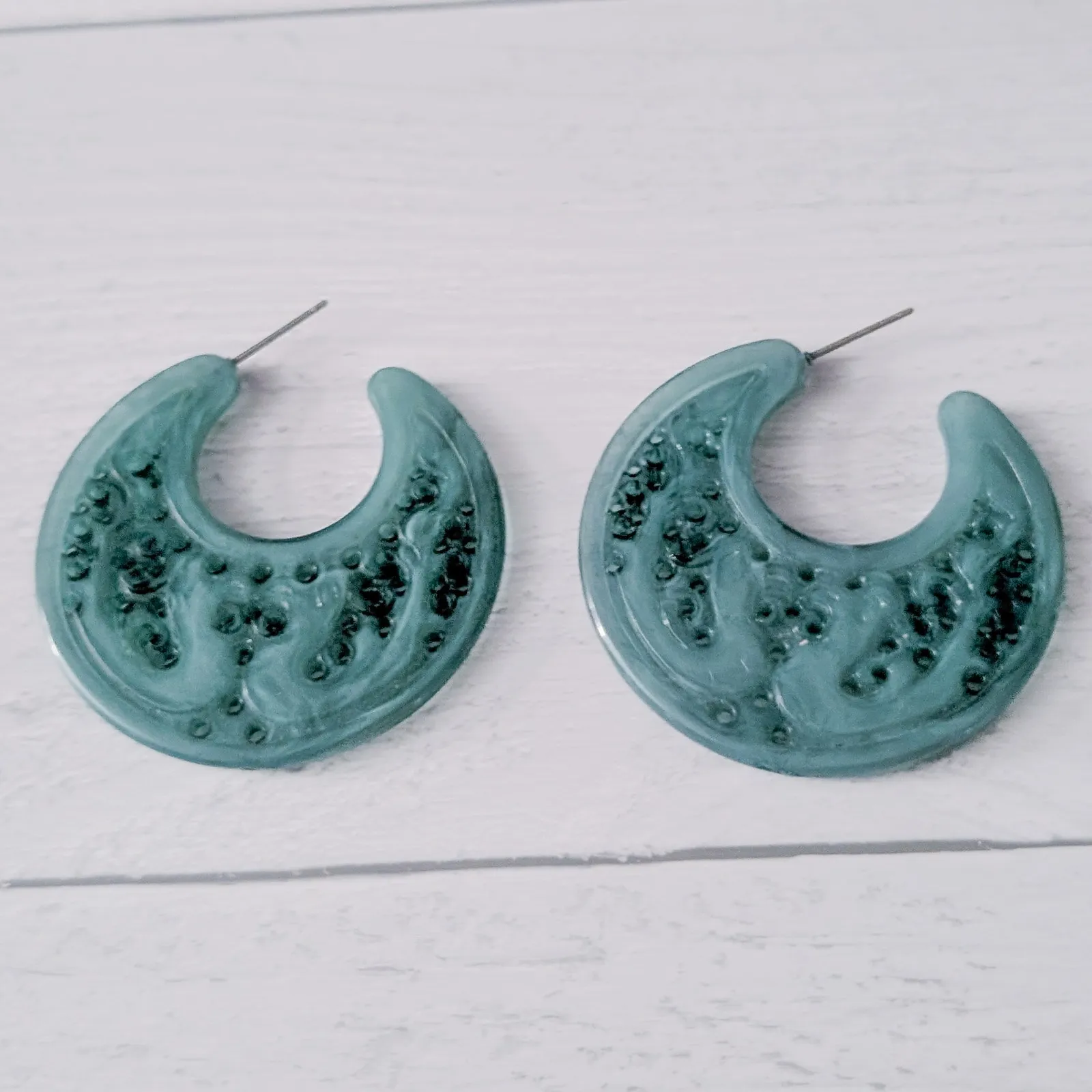 Statement Stud Earrings Very Large Muted Green with Cut Out Design - Image 5