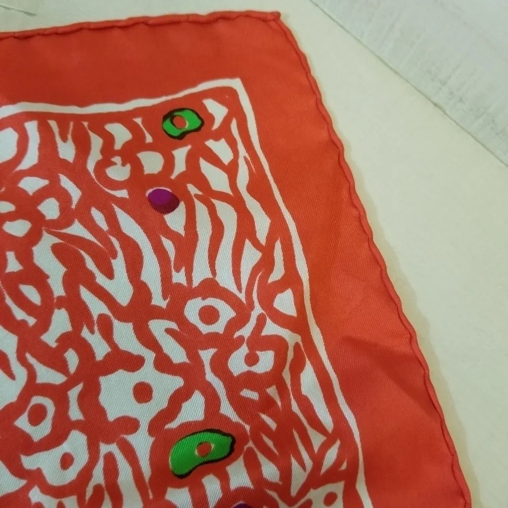 {26" X 26"} Vintage Givenchy Paris Scarf Abstract Orangy-Red Green Purple White - Image 11