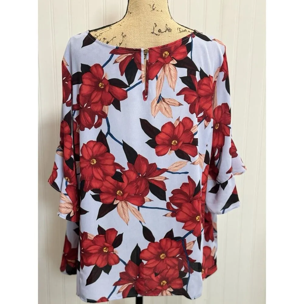Liz Claiborne Women's 3/4 Sleeve Light Blue & Red Ruffle Floral Blouse Size 1X - Image 2