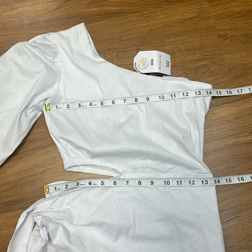 NWT White One Shoulder Cut Out Side Wraped Tie Long Sleeve Bodycon Sz One Size - Image 6