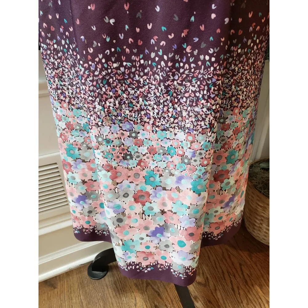 Vintage Purple Floral Midi Dress Boho Long Sleeve M Retro Modest Large - Image 5