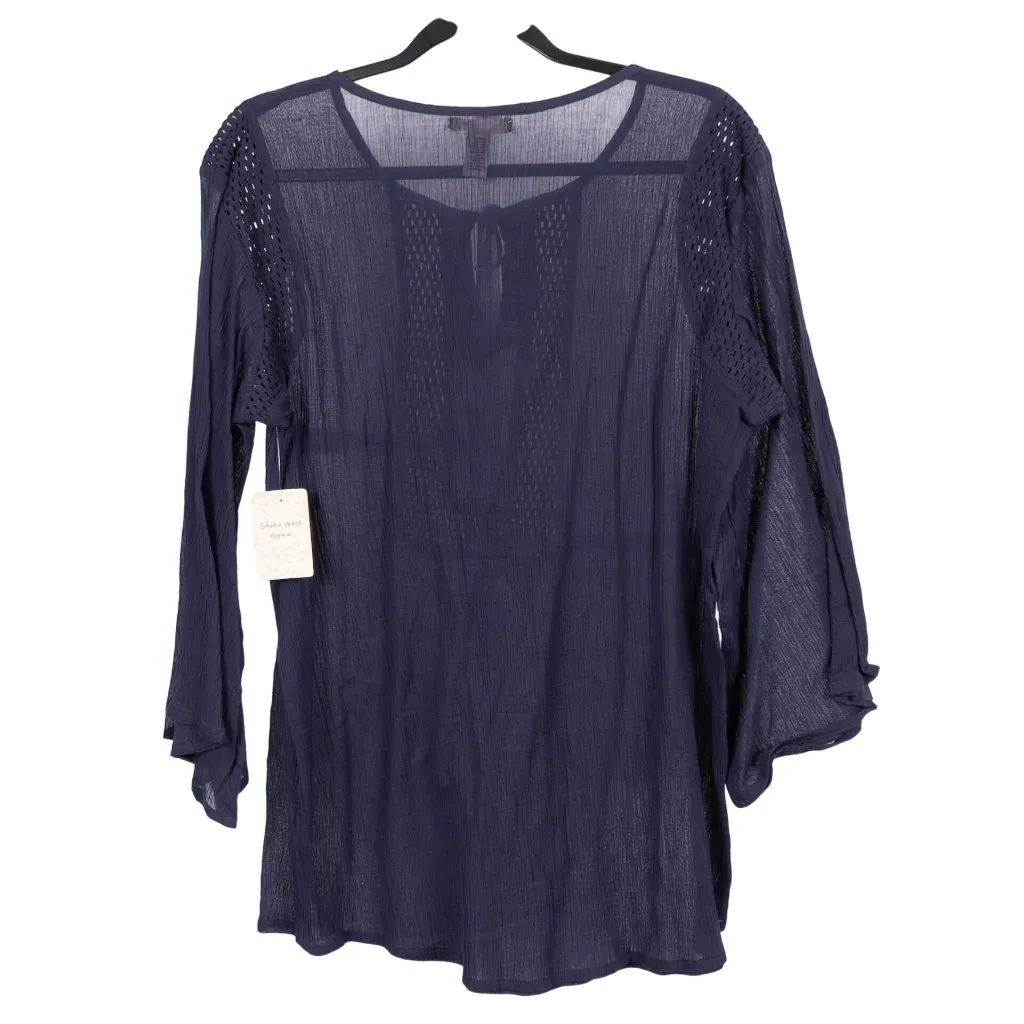 Studio West Peasant Blouse L Women NEW Blue Boho Sheer Crochet Tunic Bell Sleeve - Image 6
