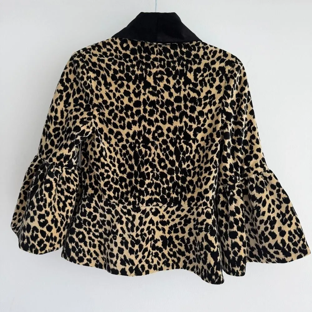 Batsheva Jacket Womens 2 Leopard Animal Print Bell Sleeves Velvet Artsy Cropped Brown - Image 5