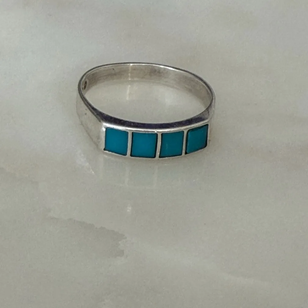 Vintage 925 Sterling Silver Turquoise Inlay Band Ring Size 8 Southwestern - Image 5