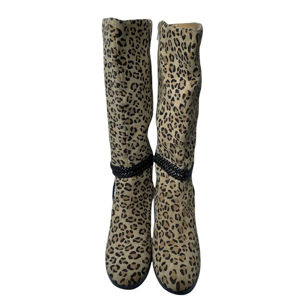 Womens AJ Valenci Comfort Animal Leopard Print Tall Leather Boots Woven Strap 8M Size 8 - Image 10