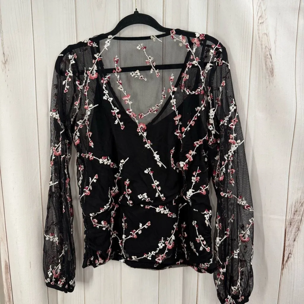 White House Black Market Women’s Large Mesh Black Embroidered Blouse Top - Image 3