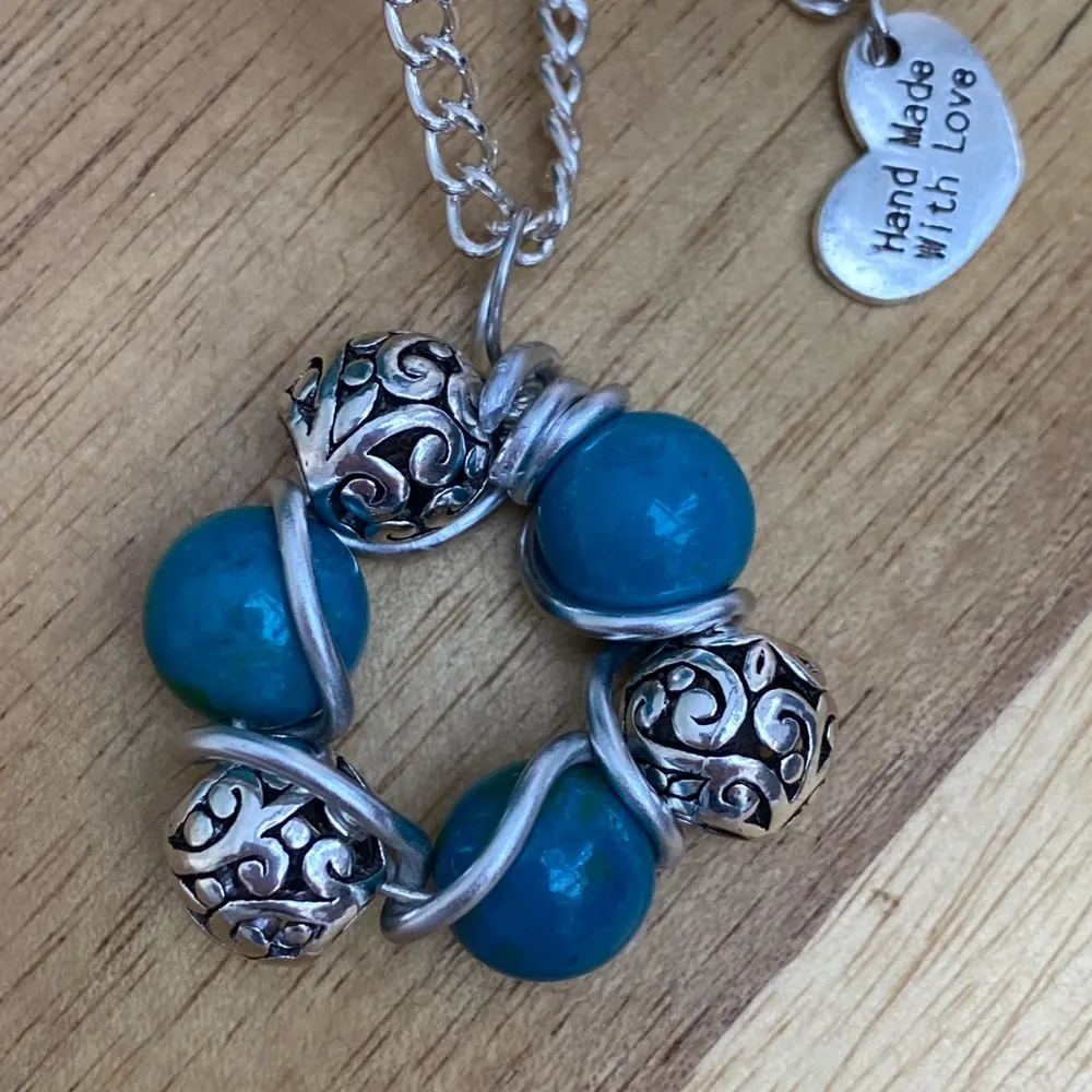 New Handcrafted Artisan Wire Wrapped Chrysocolla Stone & Filigree Bead Necklace Blue - Image 3