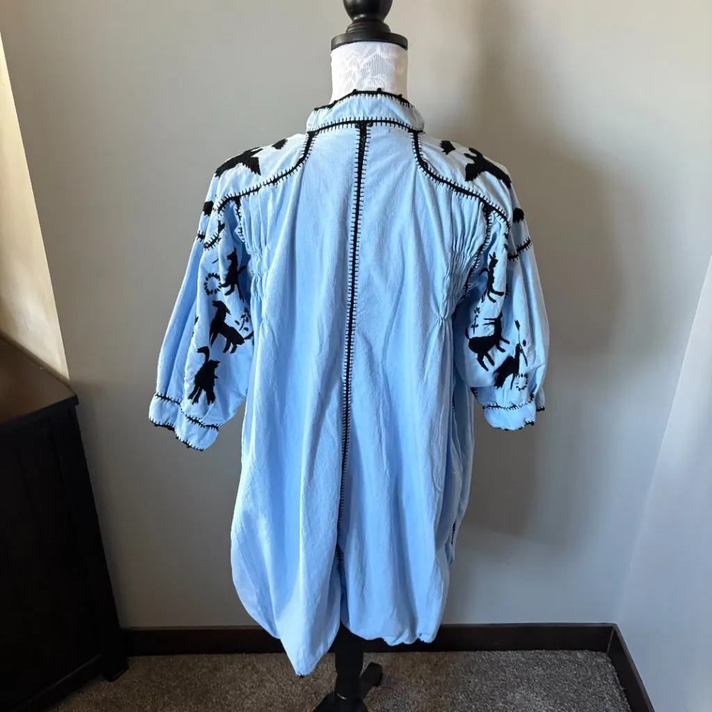 Carolina K Printed Midi Length Kaftan Dress Embroidered Womens Small Blue - Image 3