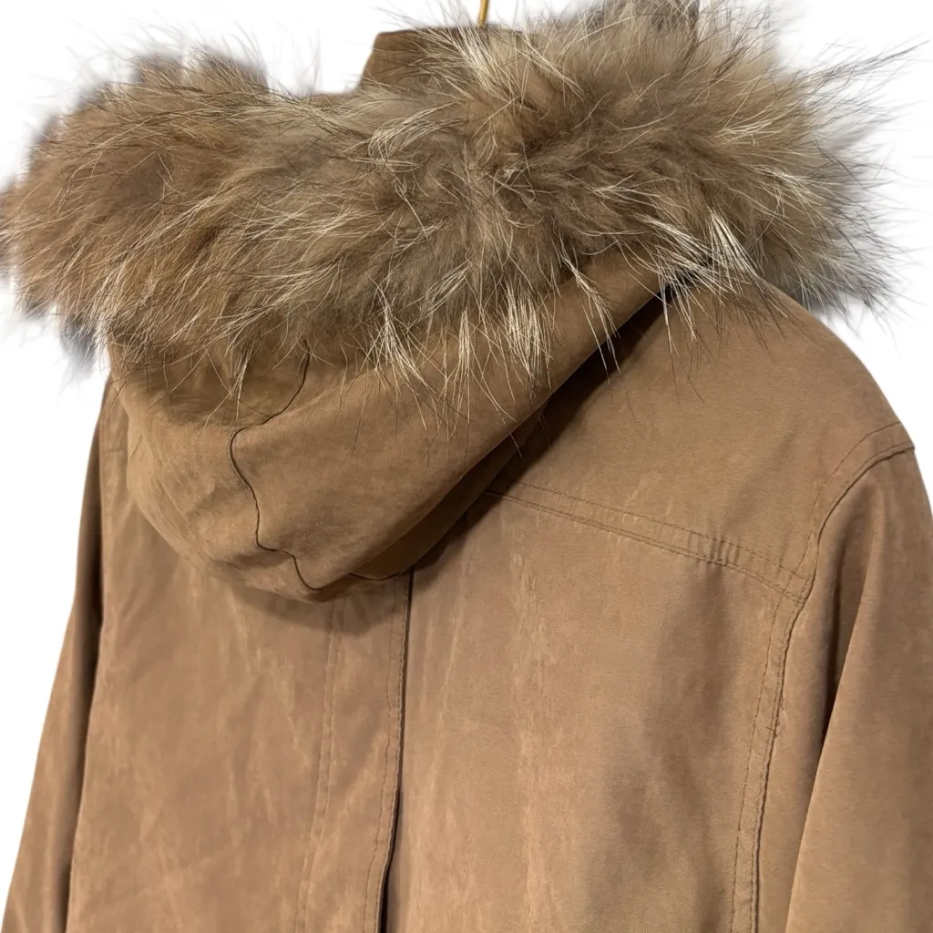 Bernardo Faux Suede Fall Winter Coat Size Small Raccoon Fur Trim Hood Womens - Image 15