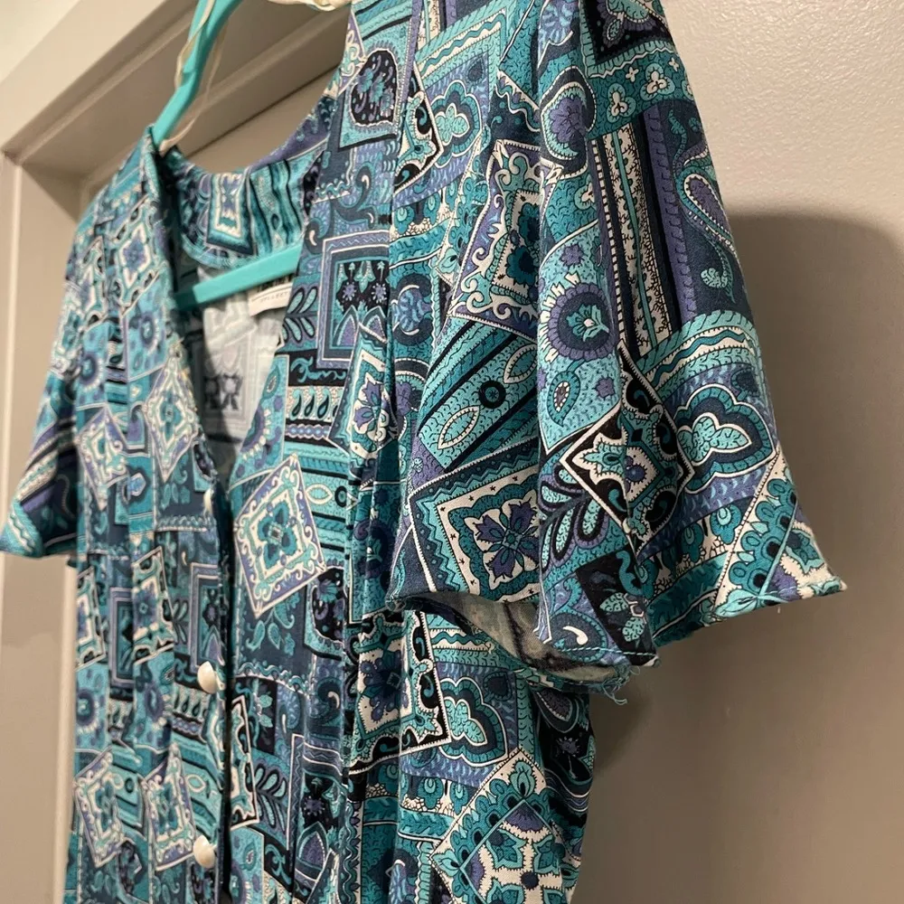 VTG 80s 90s Caroline Wells Collection Blue & Purple Paisley Button-Down Romper - Image 4