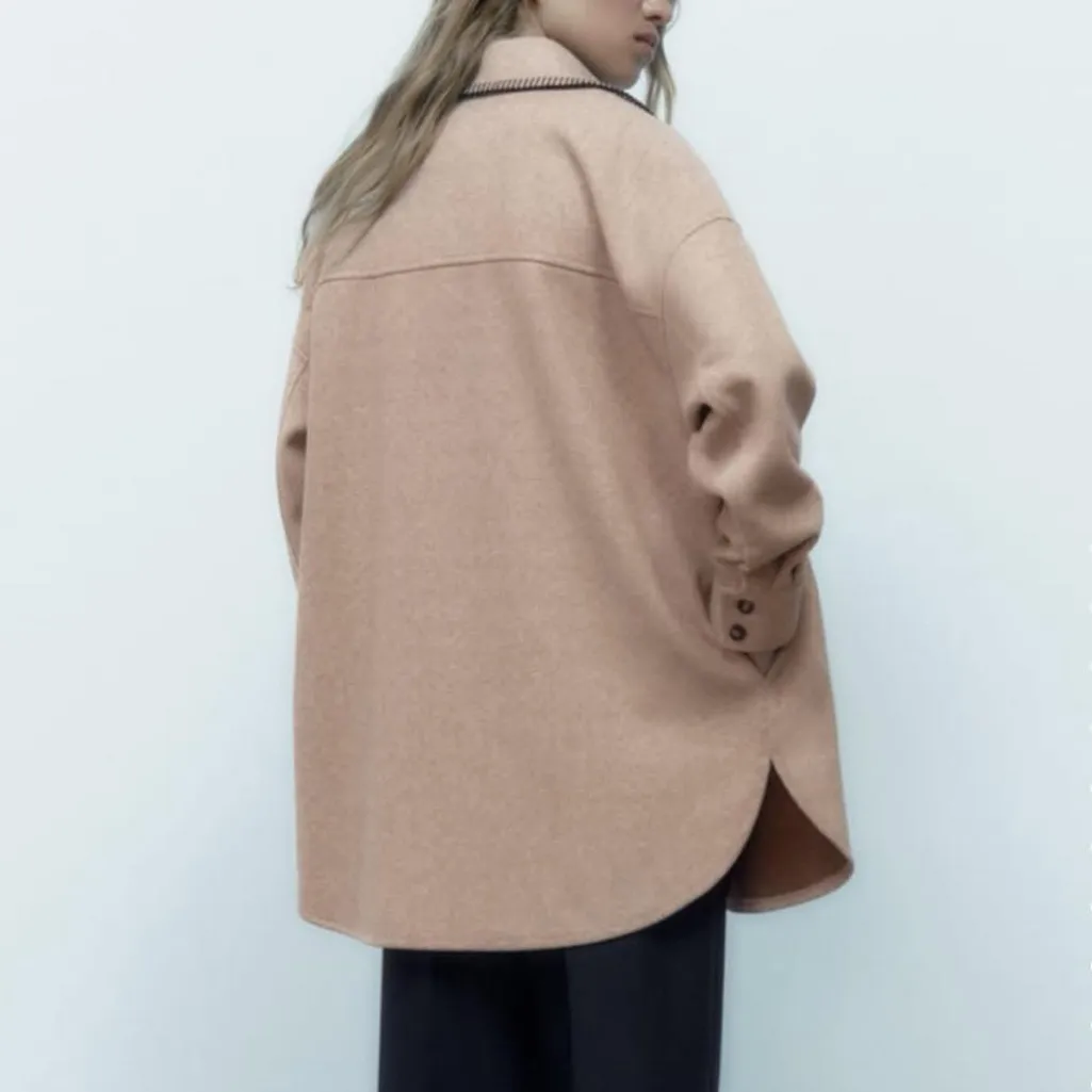 Zara NWT beige tan oversized button front stitched shacket - Image 5