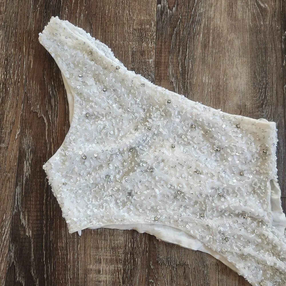 Retrofete Quinn Sequin Top in White Size XXS One Shoulder Crop NWT Beading - Image 7