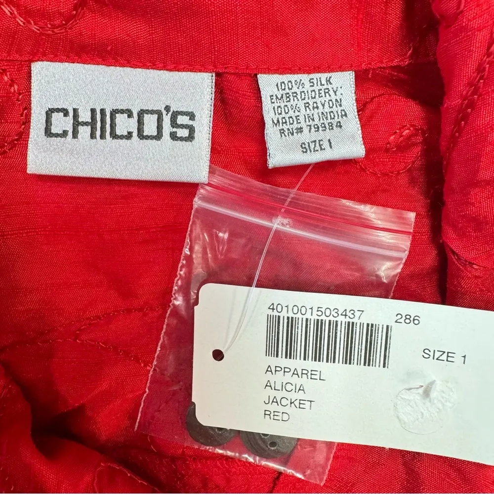 Chico’s Red 100% Silk Alicia Shirt Jacket Button Front w Embroidered Flowers 1/M - Image 12