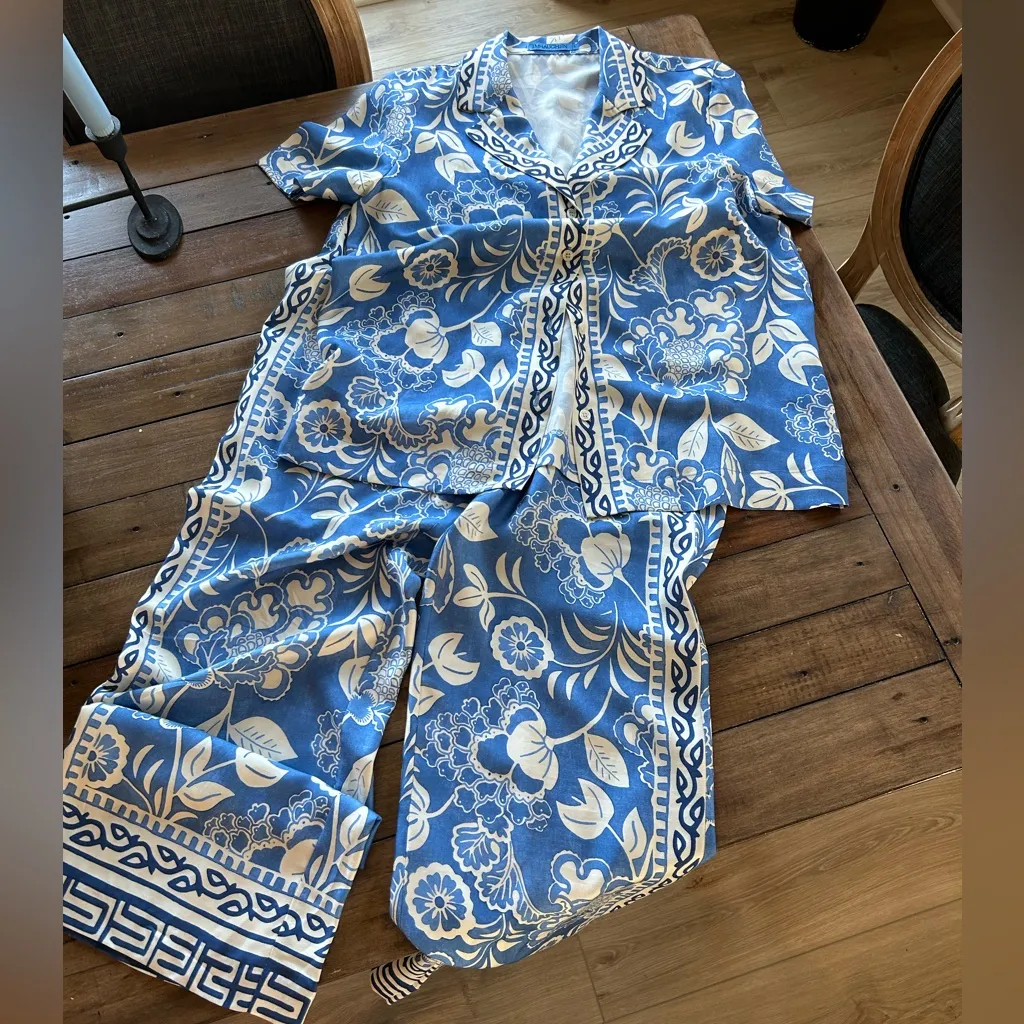 J.McLaughlin Silk Bimini Blue Pant Shirt Set S - Image 2