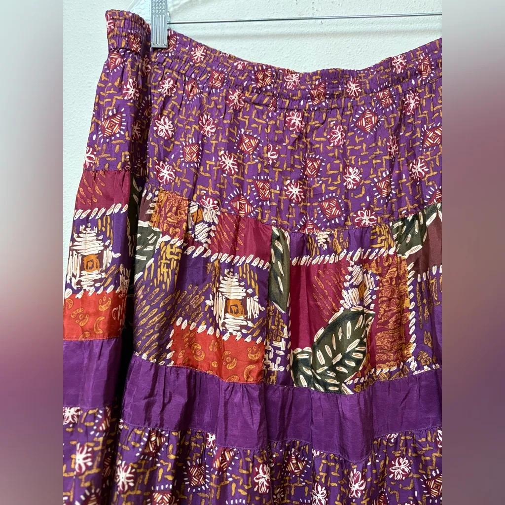 Vintage 90s Silk Patchwork Tiered Midi Skirt Boho Cottagecore 14W Carole Little Purple - Image 6