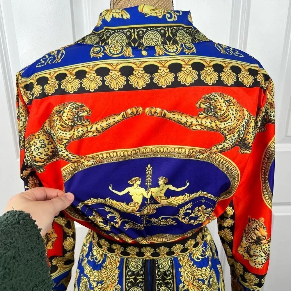 Sz M Ferrara Jaguar and Italian Printed Blouse & Pleated Skirt SET NWT $135 MSRP Blue Size M - Image 9