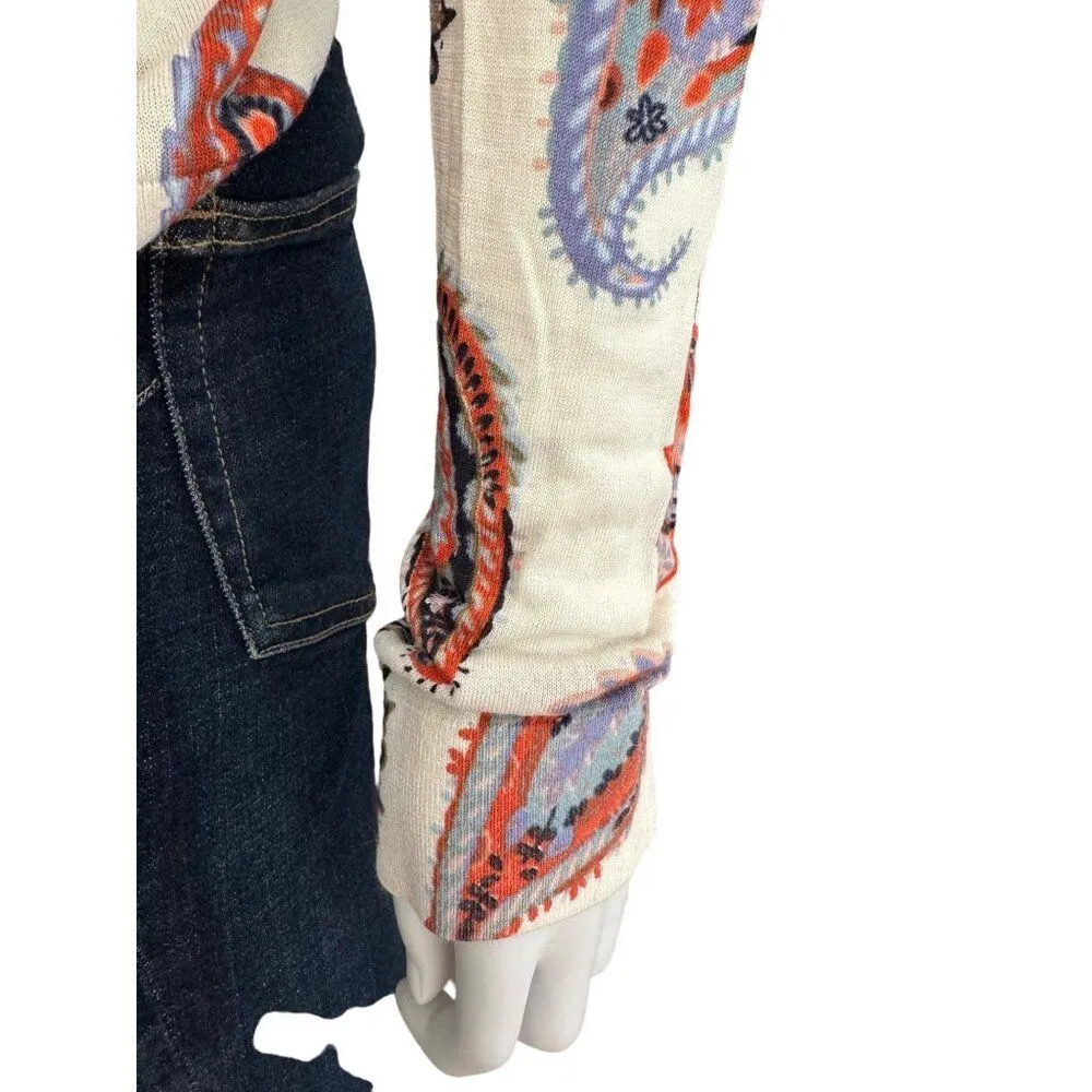 Tory Burch Women’s Paisley Long Sleeve Top Size M Cream Boho Luxury Blouse - Image 5