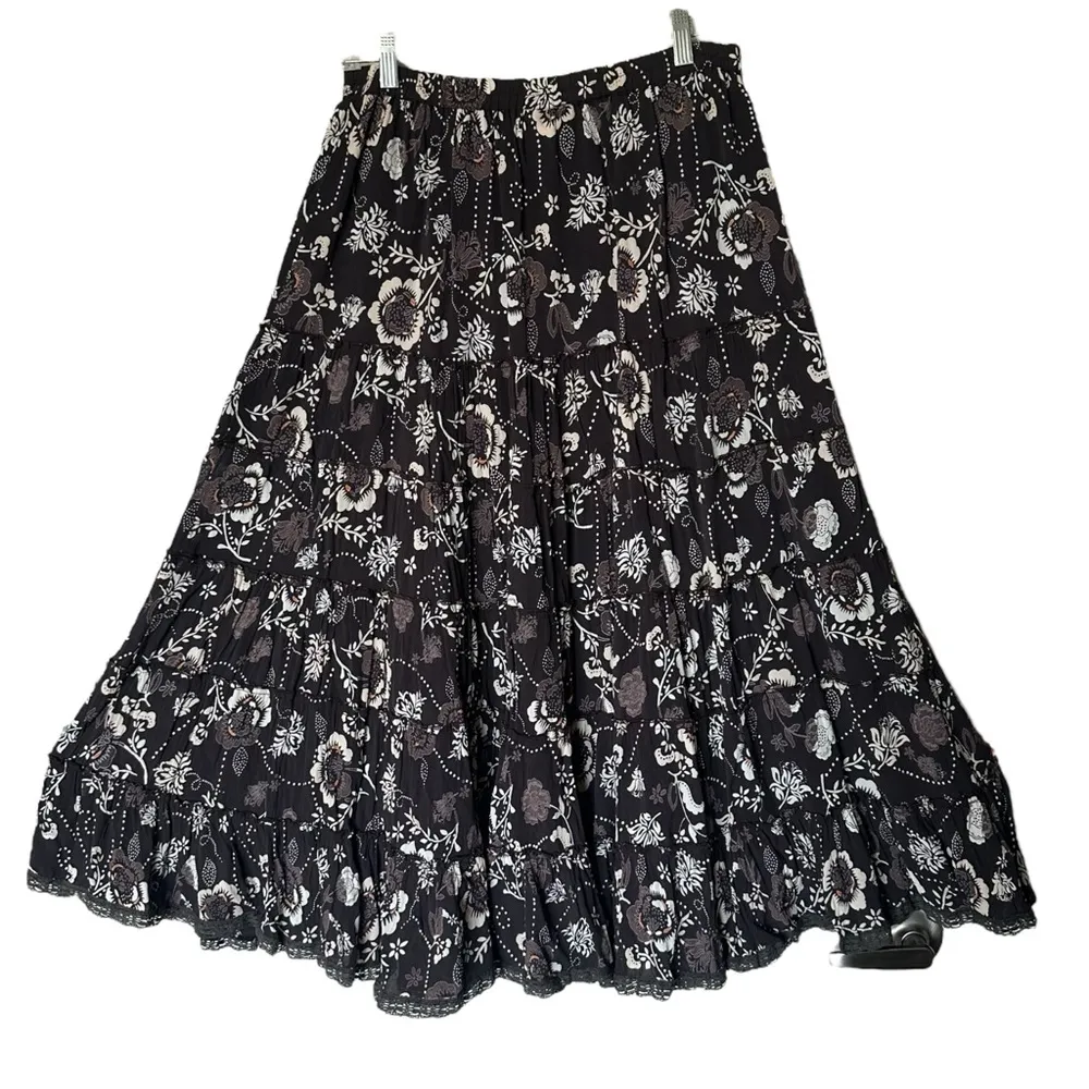 Vintage Indira Brown Floral Rayon Hippie Boho Tiered Skirt size Medium - Image 2