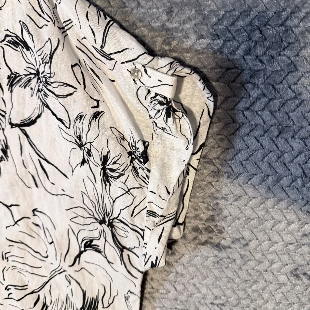 Joie 100% Linen Tropical Floral Print Black & White Roll Tab Sleeve Tunic 2X - Image 3