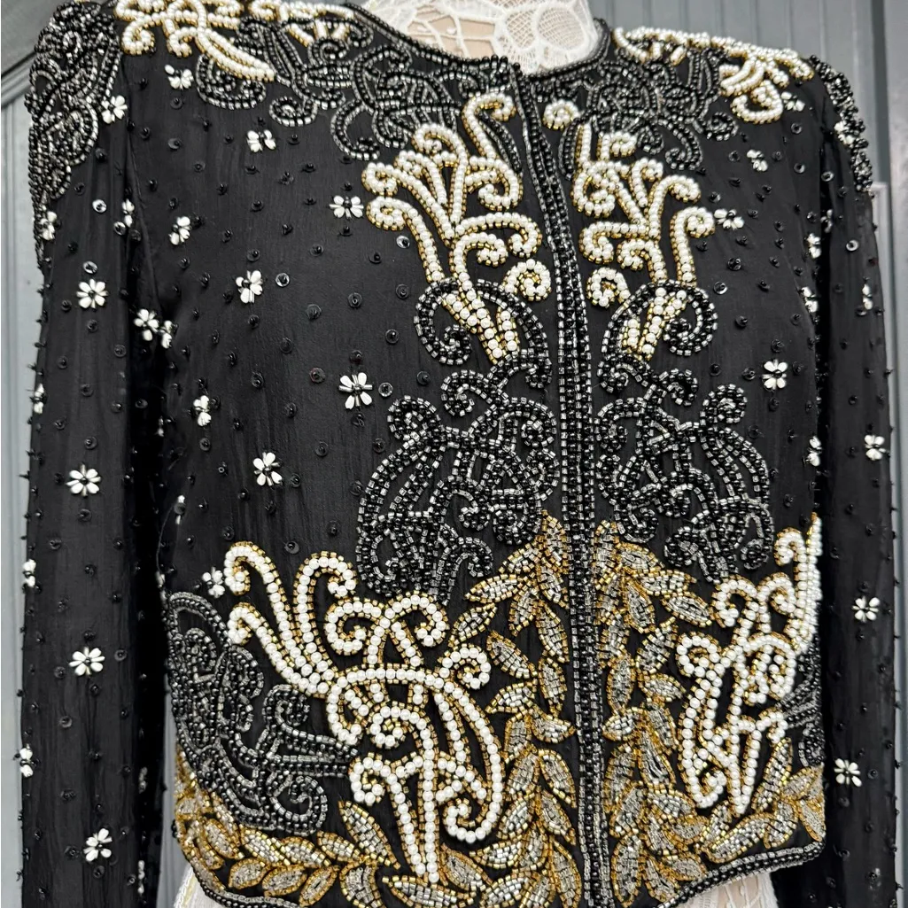 Vintage Night Vogue Black Beaded Embellished Cropped Silk Jacket Size Medium - Image 10