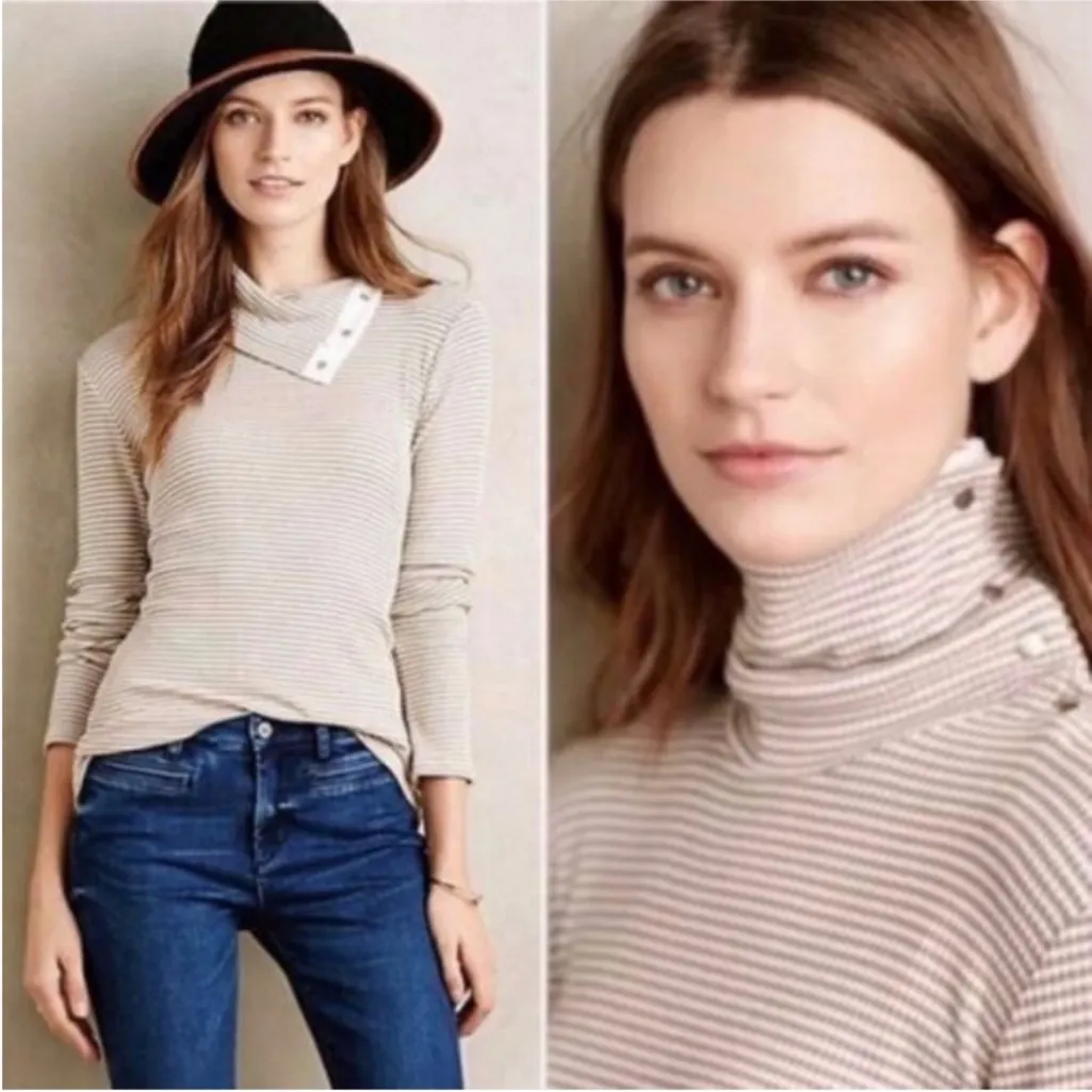 Dolan Left Coast Anthropologie Striped Snap Turtleneck Beige size S White - Image 2