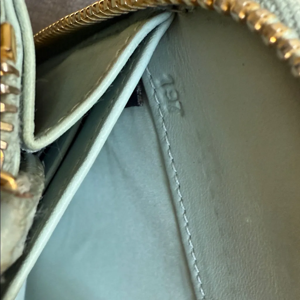 Miu Miu Metallic Gold Croc-Embossed Wallet with light blue interior. - Image 5