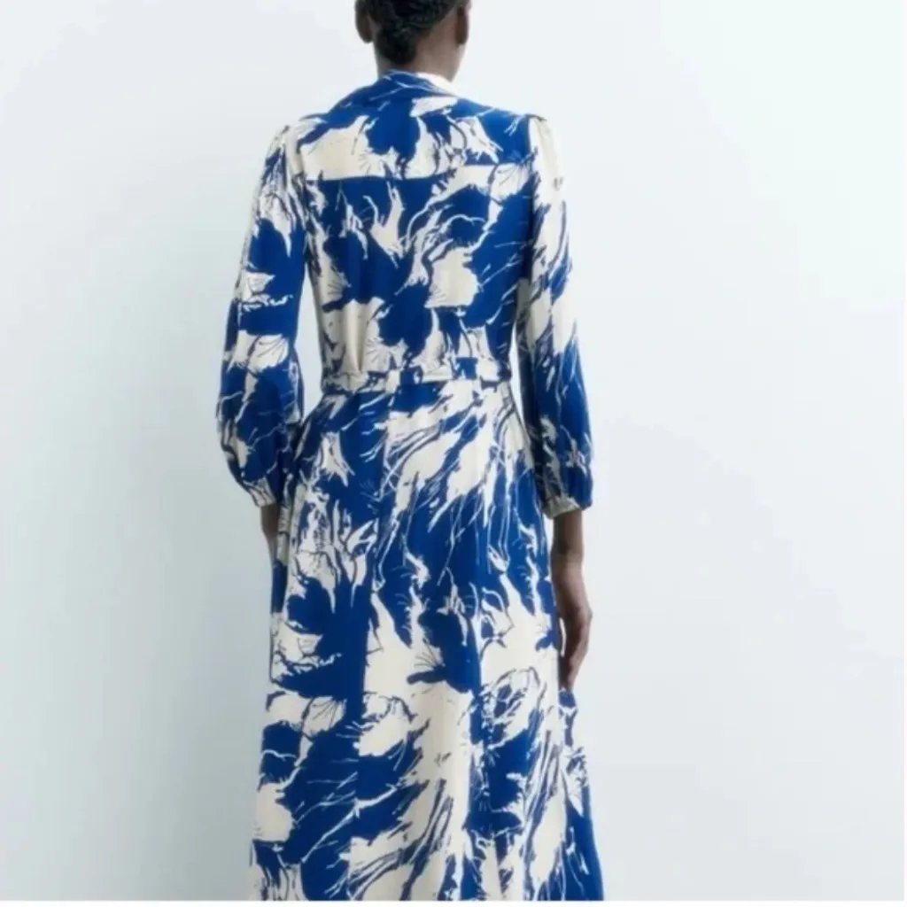Zara Blue and White Patterned Long Sleeve Dress - Image 2
