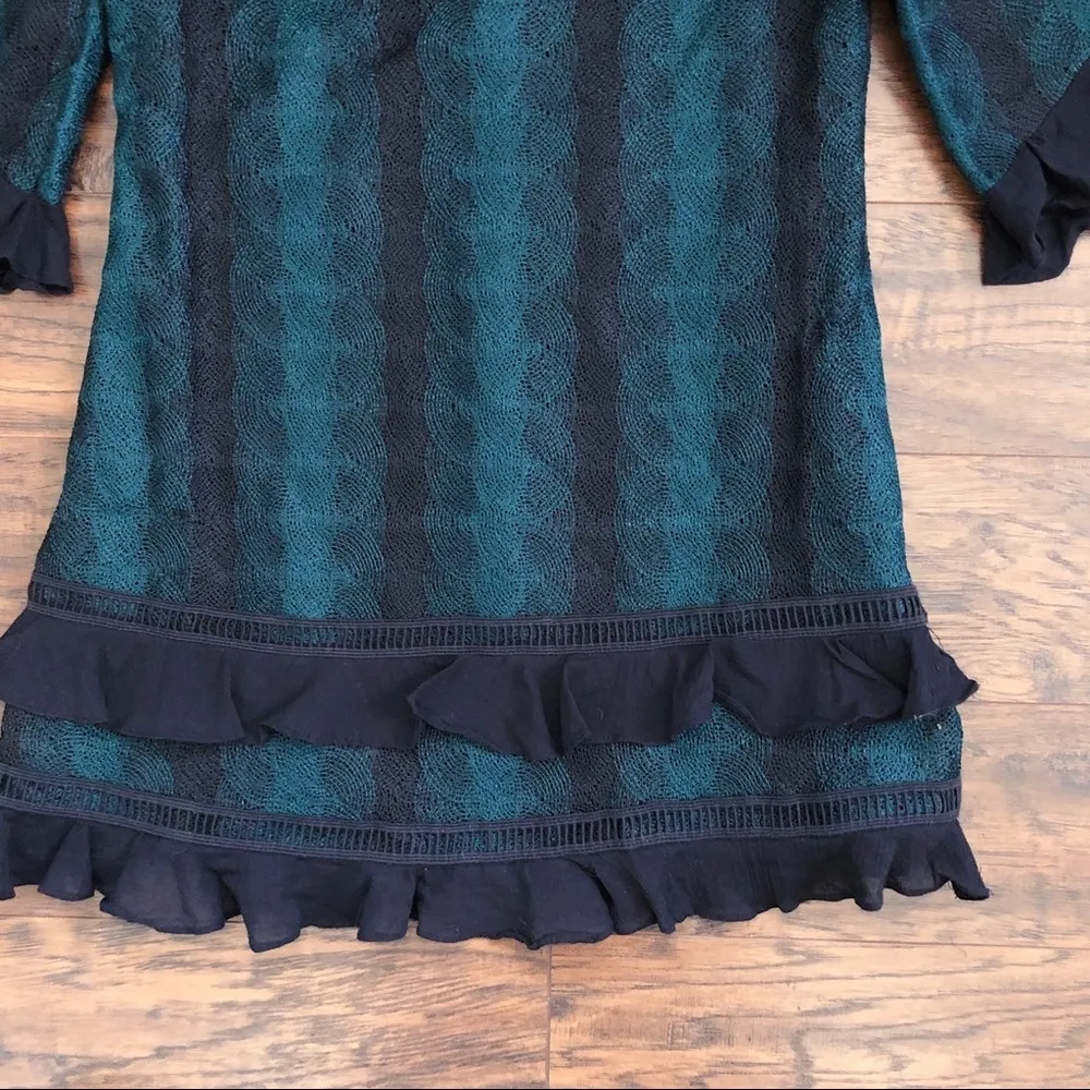 Red Carter • Billie mini dress green cold shoulder black ruffle lace stripe - Image 4