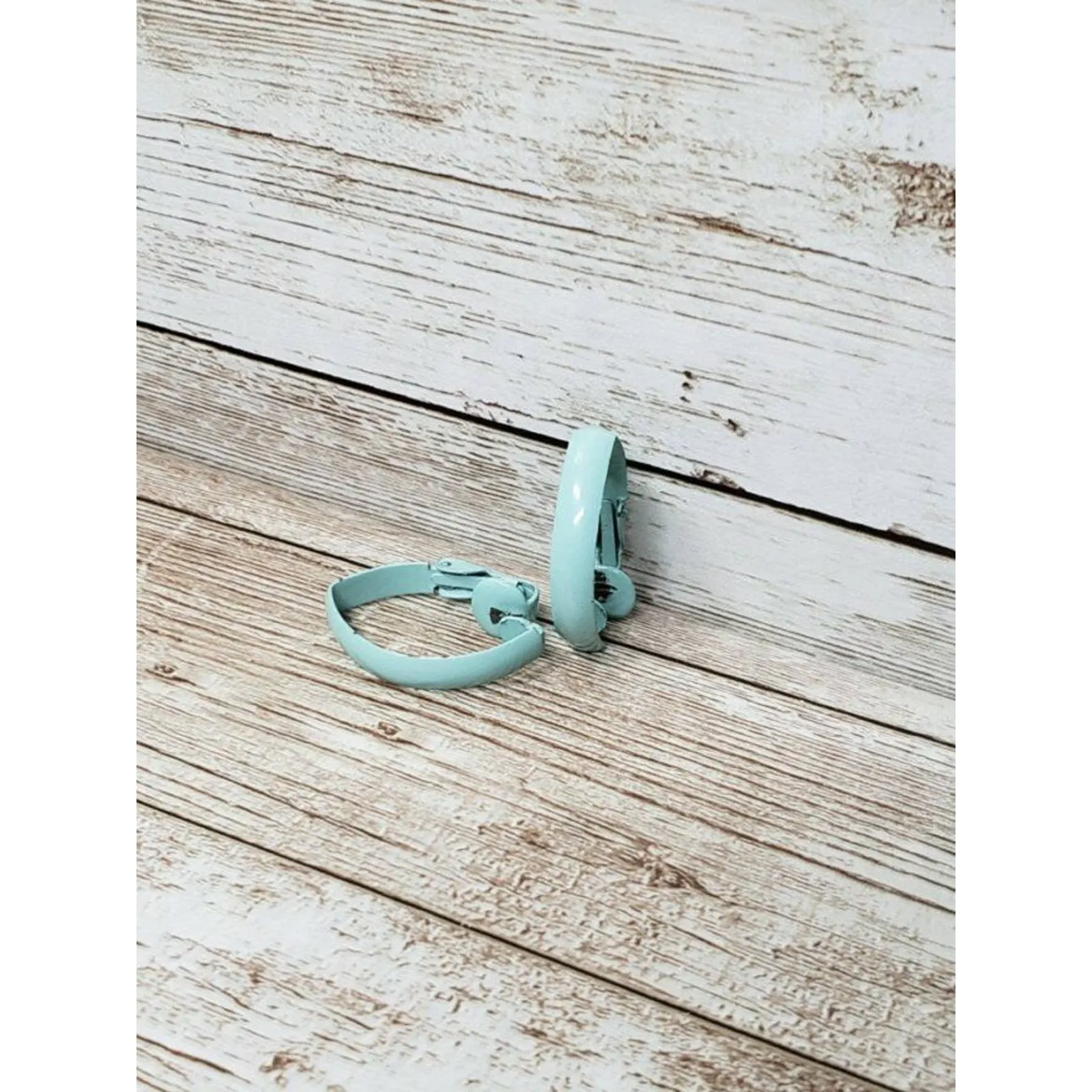 Vintage Clip On Earrings 1" Aqua Blue Elongated Folded Hoop Retro - Image 10