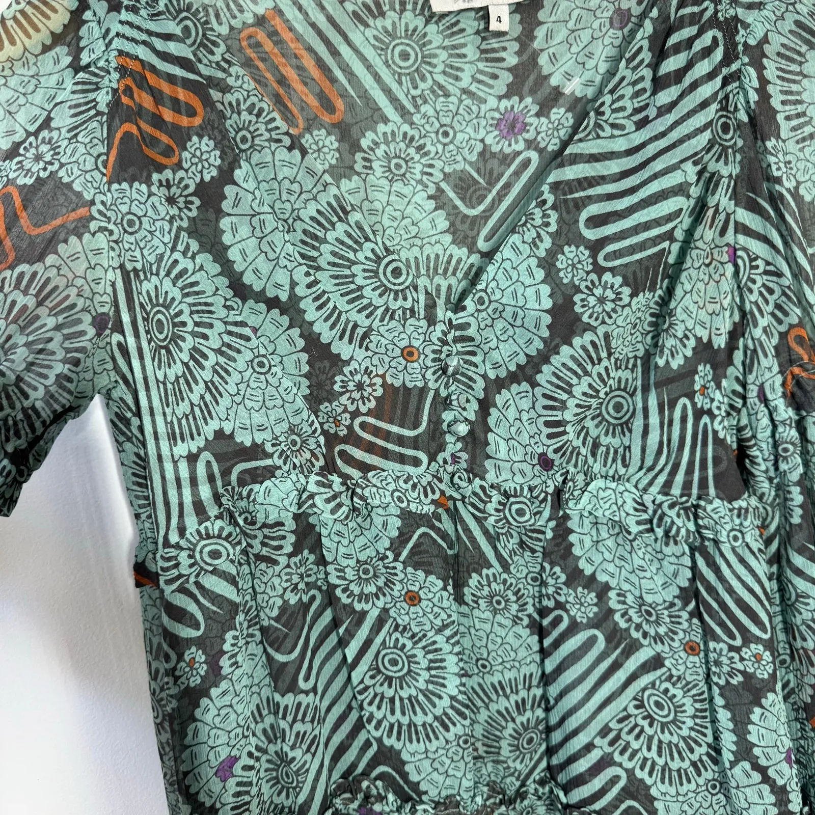 Tibi Babydoll Silk Sheer Y2K Blouse Top Women 4 Blue Brown Floral Geometric - Image 5