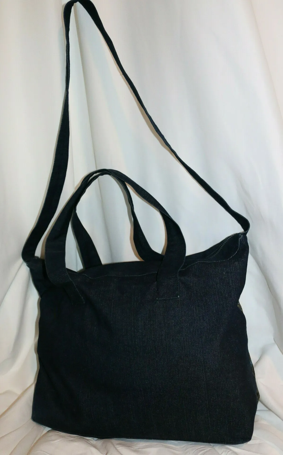 Denim Overnight Messenger Bag Ethnic Embroidery Travel Carry On Weekender Large Tote with Fringes - Image 3