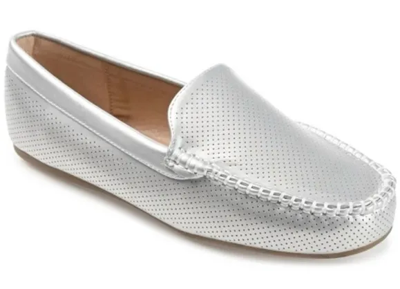 Journee Collection Halsey Moc Toe Silver Faux Leather Perforated Loafers NWOT 9 - Image 1