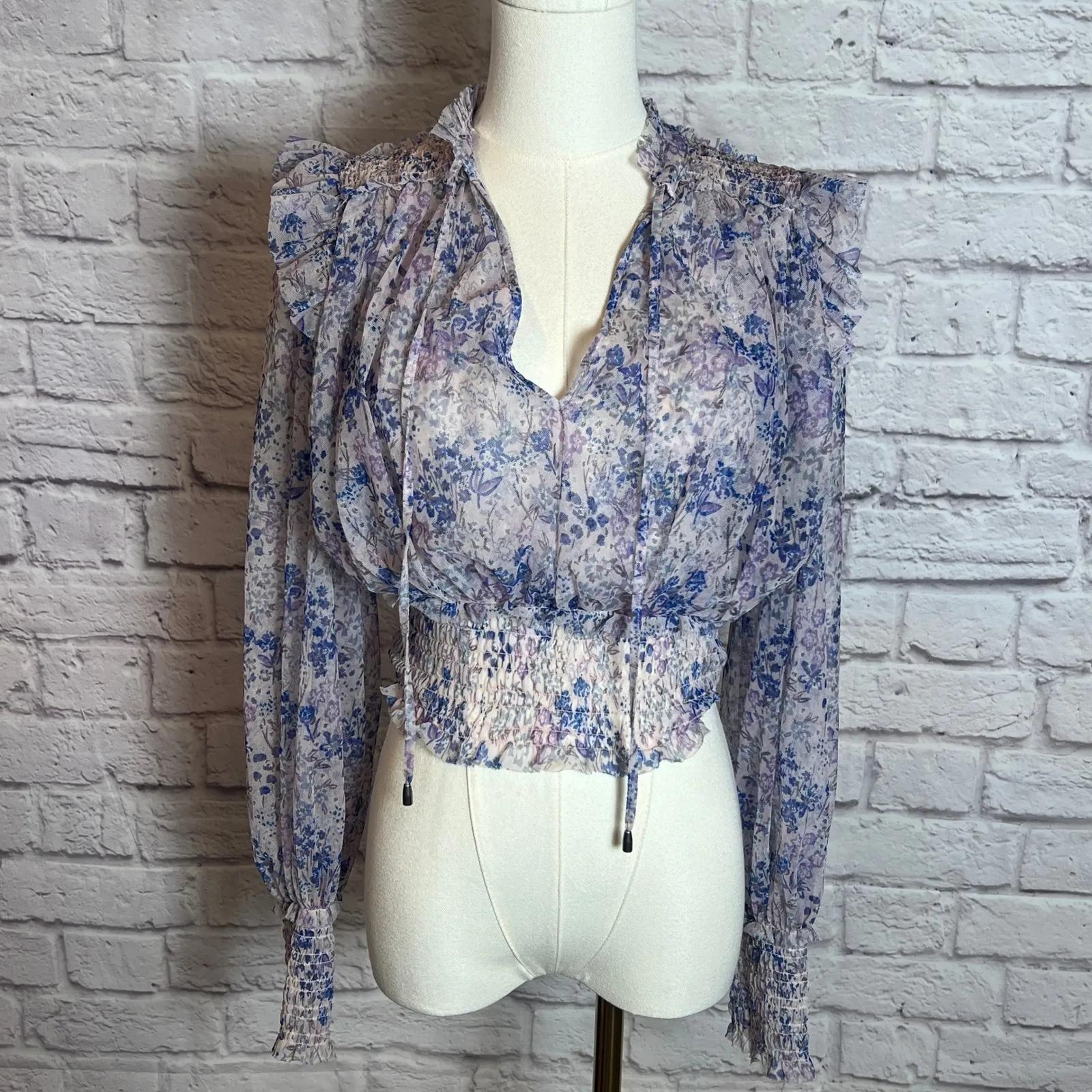 Free People Sheer Floral Mesh Smocked Blouse Women's Small Boho Cottagecore - Image 2