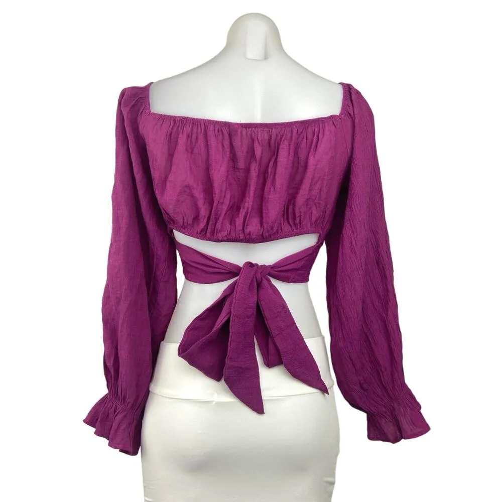 Shein Pink Puff Sleeve Ruffle Square Neck Tie Back Cutout Crop Blouse Top Size M - Image 3