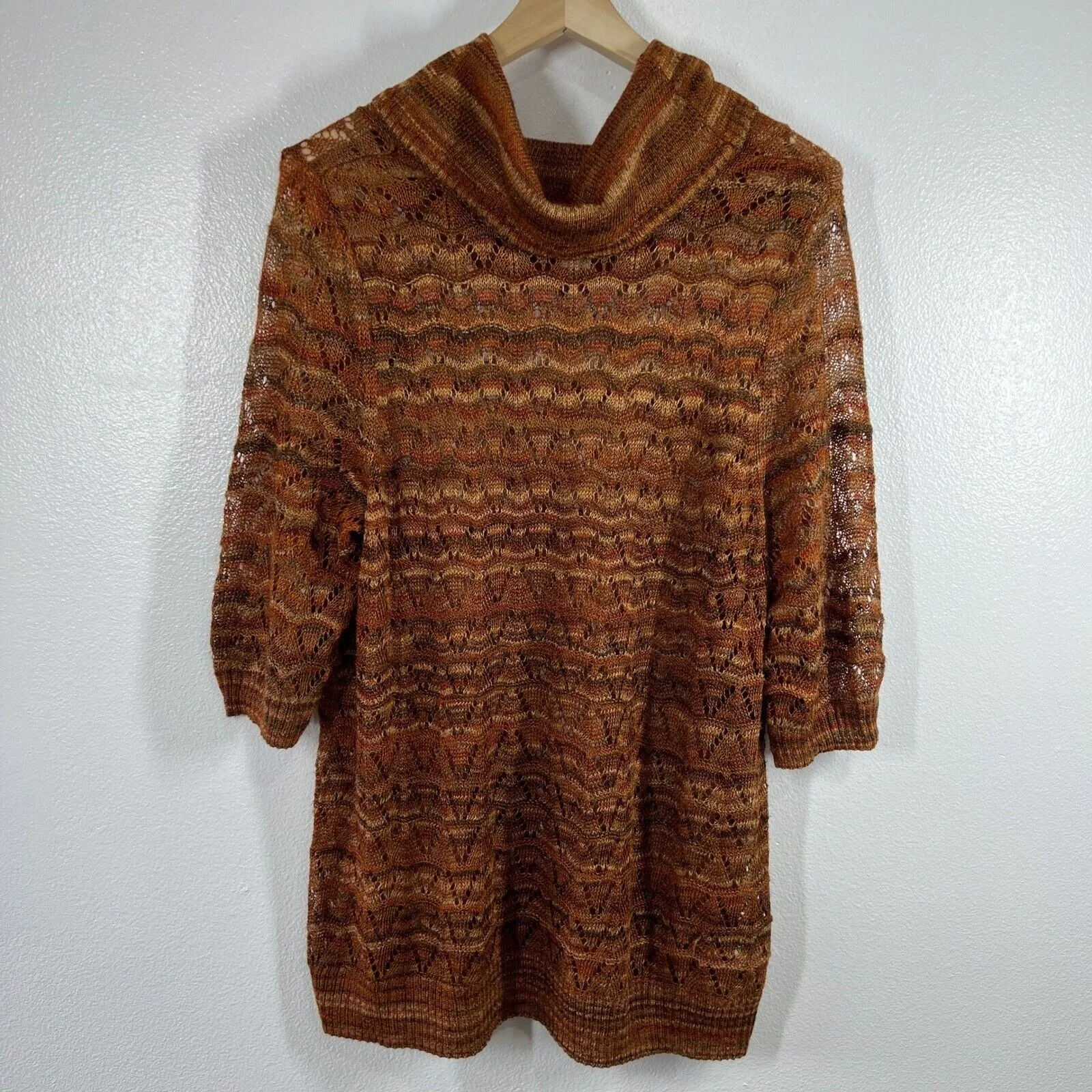 Catherines Tunic Sweater Cowl Neck Open Knit Pullover Earth Tone 3/4 Sleeve 1X - Image 2