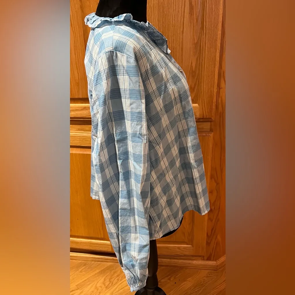 Madewell Ruffle-Neck Colwell Plaid Cotton Top in Ashby Plaid Ocean Wave Size XXL - Image 11