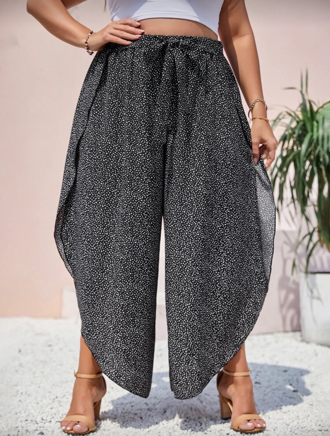 Black and White Polka Dot Print Wide Leg Pants Size XL - Image 3