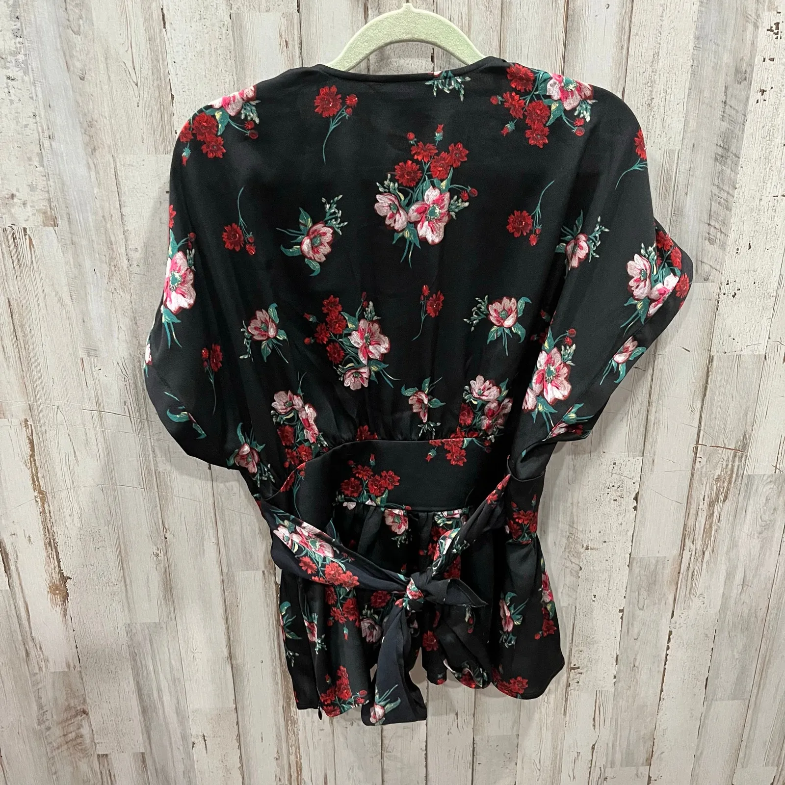 Express Black Rose Red Floral Peplum Tie Back Dark Floral Top Goth Whimsy Small - Image 3