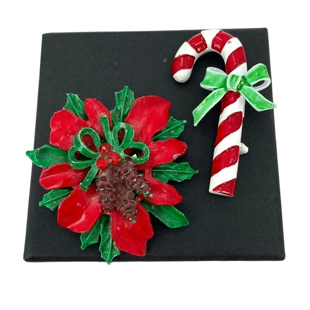 Vintage 1950s Christmas Poinsettia and Candy Cane Enamel Brooch Lot Red - Image 8