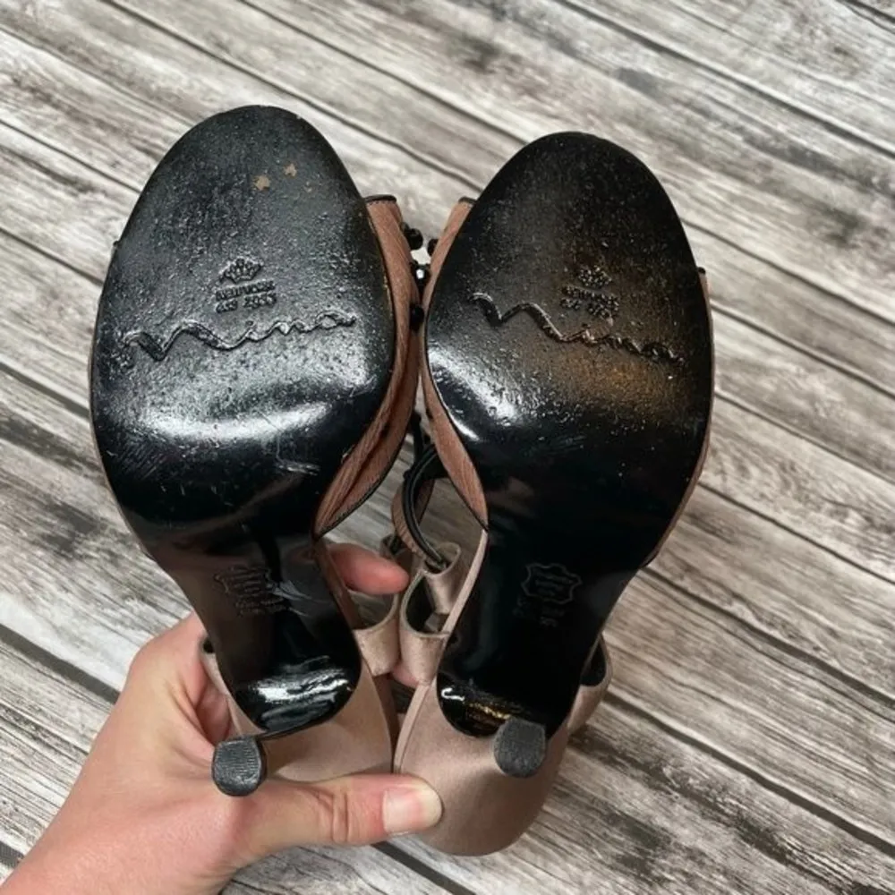 Nina Cutout Bead Stiletto Sandals Crepe Fabric Leather Sole 6.5 Black Rust Brown - Image 6