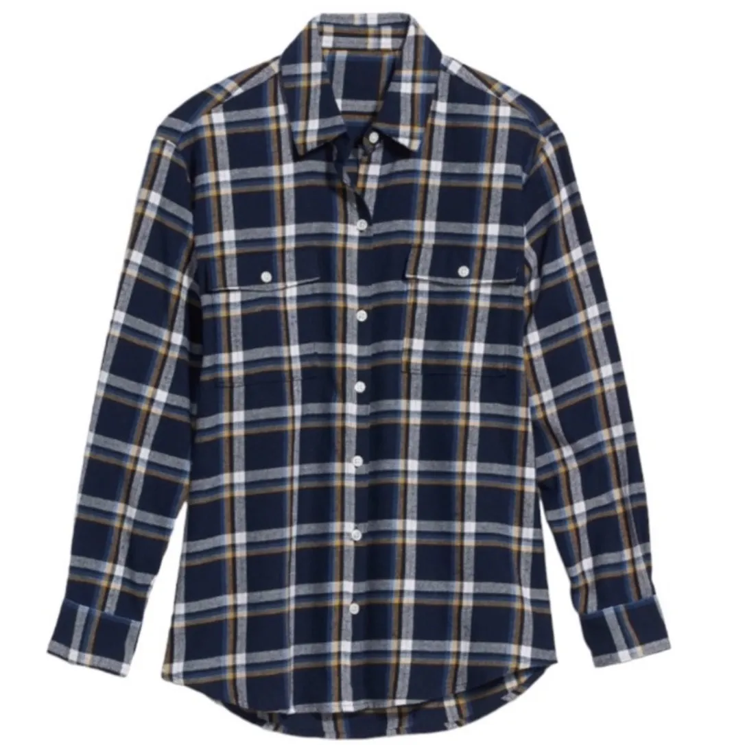 Old Navy The Boyfriend Shirt Plaid Navy Blue Yellow White Women's Size M - Image 3