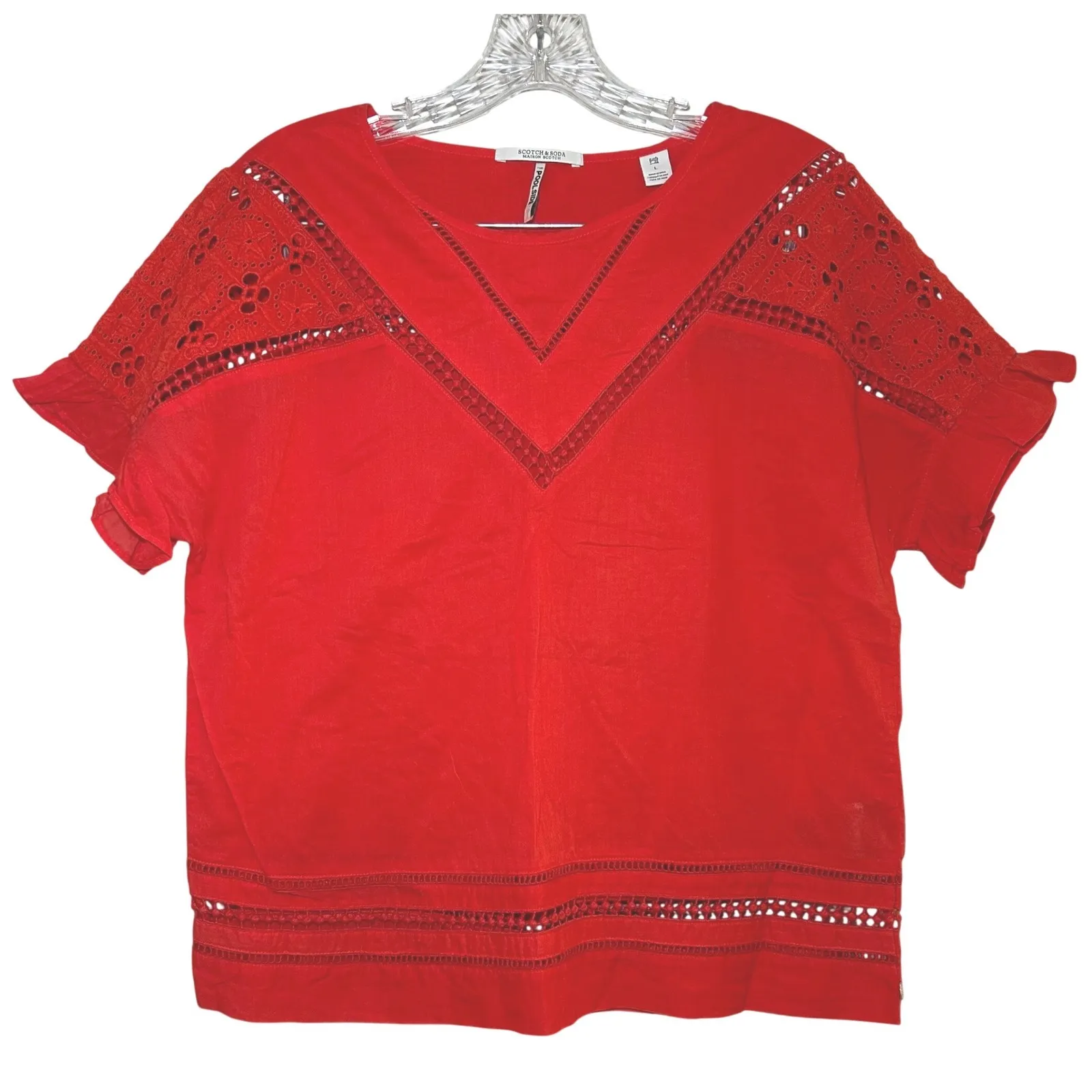 Scotch & Soda Red Eyelet Lace V Neck Short Sleeve Top Women's Size L bold boho - Image 1