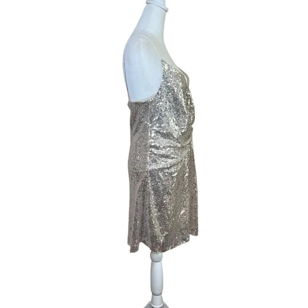 Silver Sequin Mini Cocktail Dress Faux Wrap Party Festive Slinky Sexy Y2K Sz XS - Image 4
