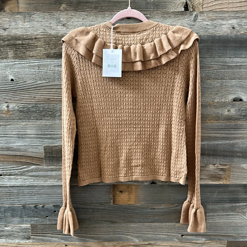 Rachel Parcell NWT  Pointelle Ruffle Sweater Beige Tan Size Small - Image 7