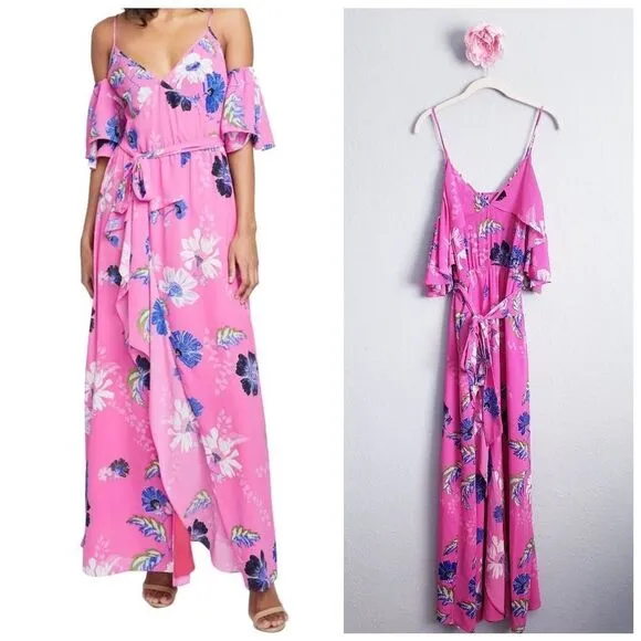 Rachel Rachel Roy Pink Floral Cold Shoulder Ruffle Maxi Dress Size 6 - Image 2