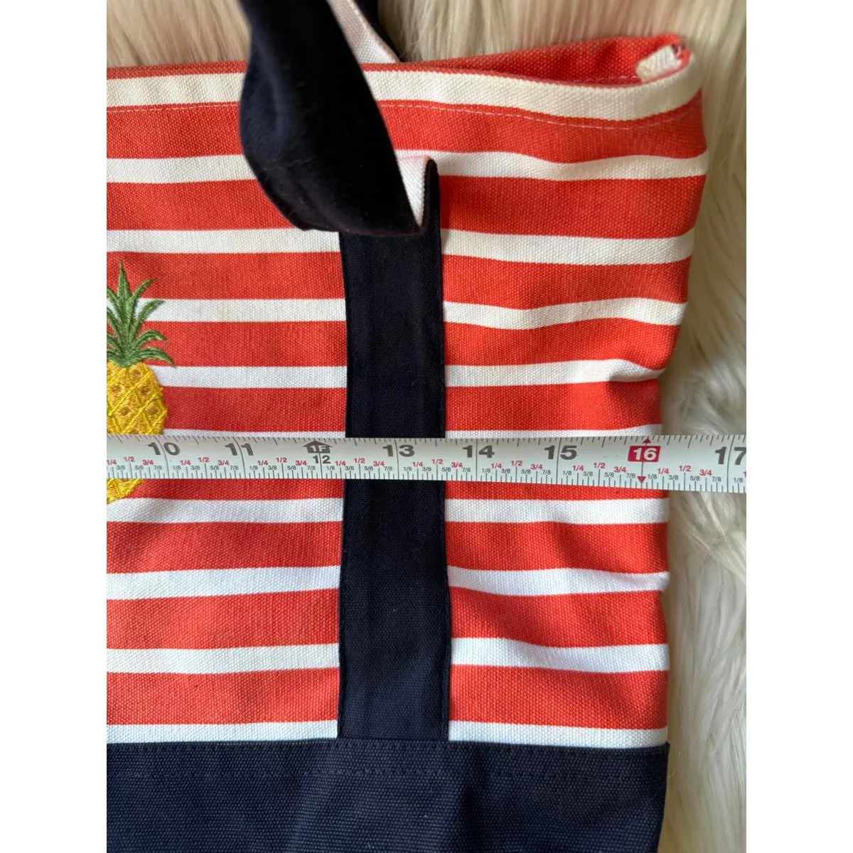 Striped Canvas Tote Bag with Pineapple Embroidery Red - Image 3
