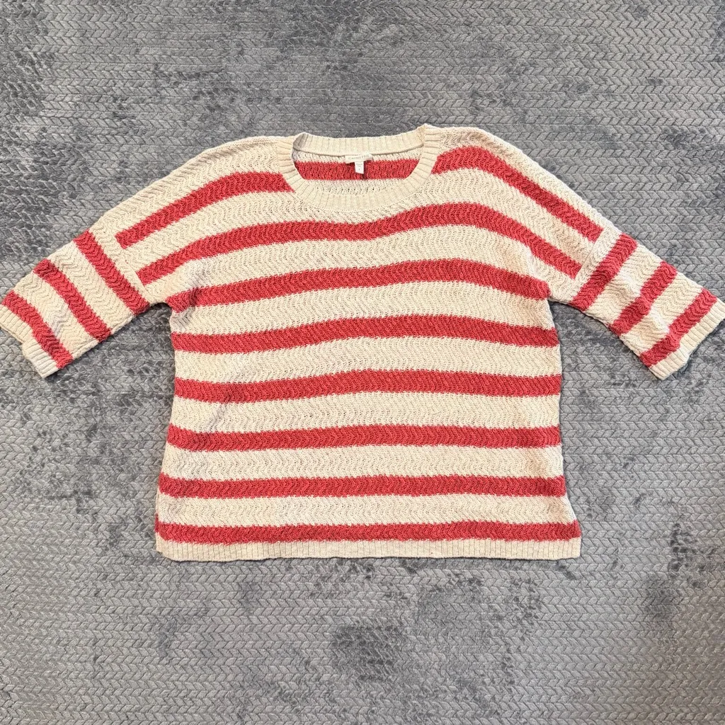 Garnet Hill Chunky Knit Sweater Orange Striped Beachy 100% Organic Cotton Size S - Image 2