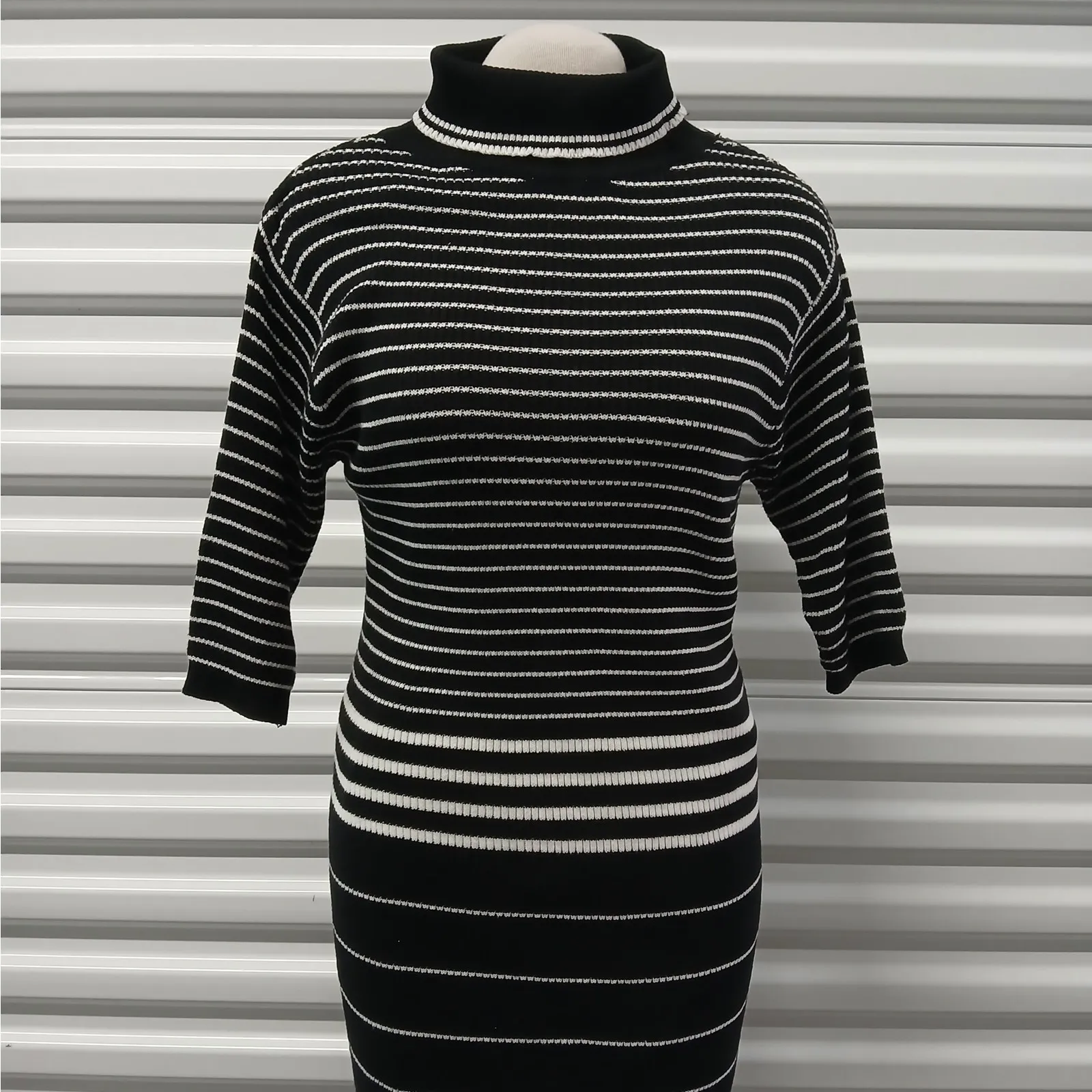 Area Stars Womens Sweater Dress Sz Large Black White Stripe Mockneck Ribbed Knit - Image 3
