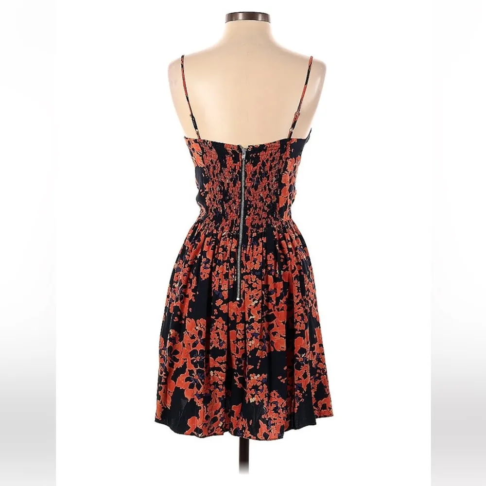 Parker 100% silk Floral Printed Navy Orange Purple ruched flare mini dress - Image 2