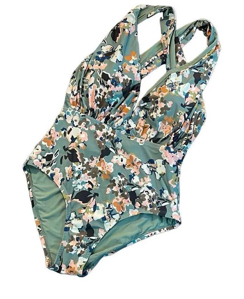 SEA ANGEL Sage Green FLORAL Plunge Neck Cross Back SWIMSUIT Medium 8 - Image 1